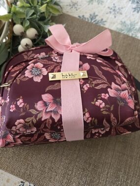 Nicole Miller Burgundy Floral Cosmetic Bags with Pink Accents